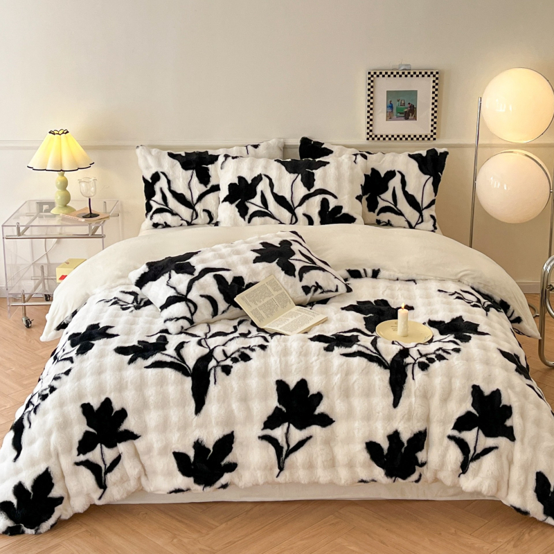 Četverodjelni set posteljine od imitacije zajčje pliš, dvostrano koral fleec, debeli mliječni fleec, uzorak biljaka i cvijeća, zimska toplina