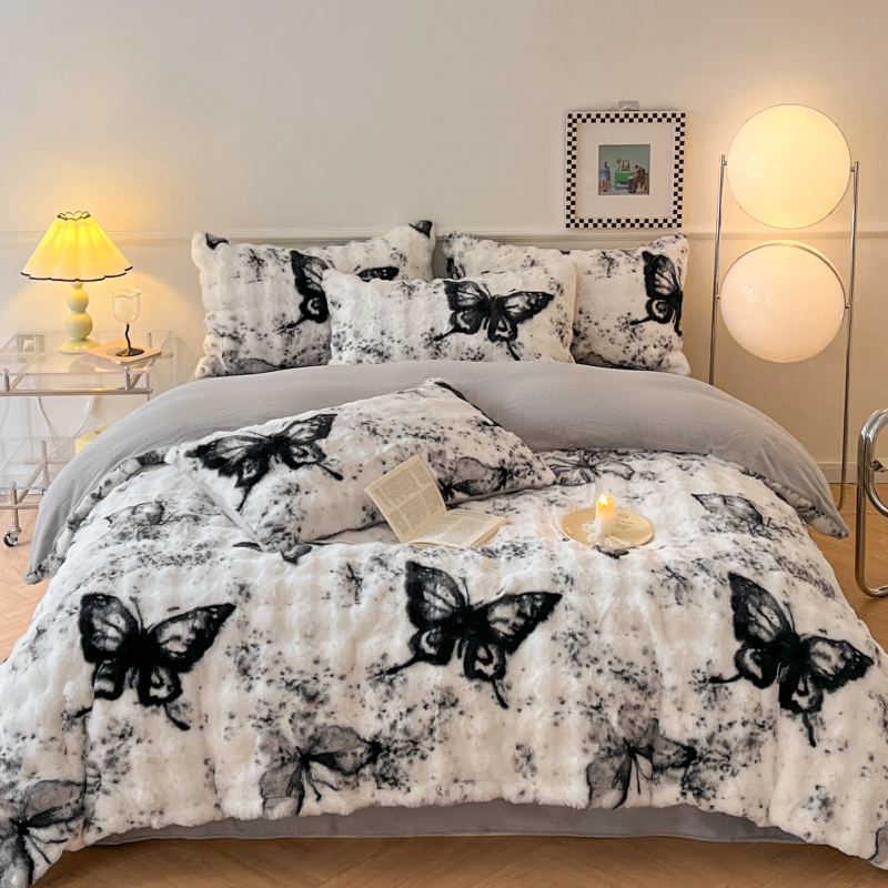 Četverodjelni set posteljine od imitacije zajčje pliš, dvostrano koral fleec, debeli mliječni fleec, uzorak biljaka i cvijeća, zimska toplina