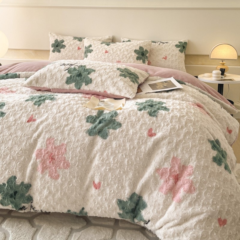Četverodjelni set posteljine od imitacije zajčje pliš, dvostrano koral fleec, debeli mliječni fleec, uzorak biljaka i cvijeća, zimska toplina
