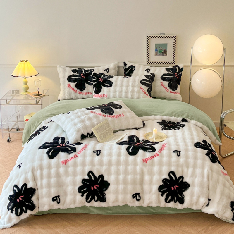 Četverodjelni set posteljine od imitacije zajčje pliš, dvostrano koral fleec, debeli mliječni fleec, uzorak biljaka i cvijeća, zimska toplina