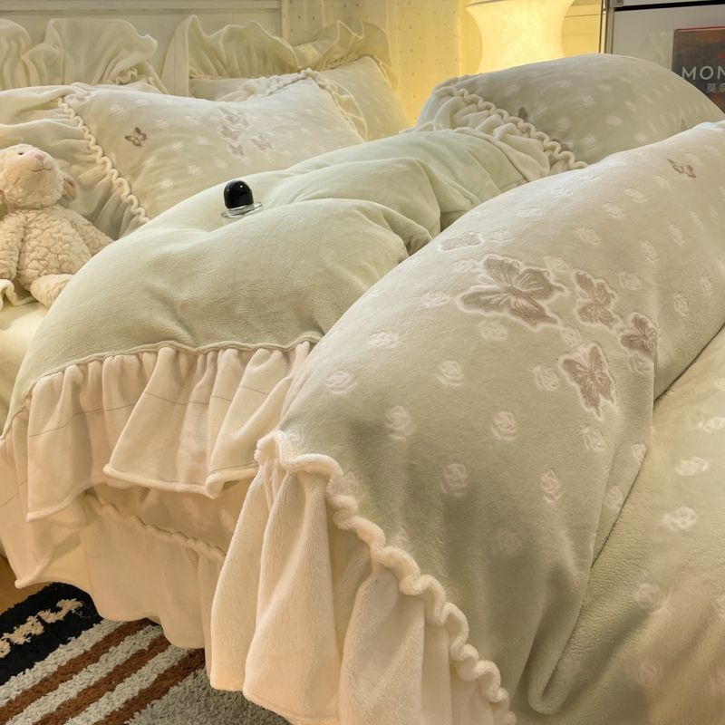 Četverodijelni set posteljine s navlakom za pokrivač, korejski stil, poliester, otisak toplinskog prijenosa, cvjetni i jednobojni uzorak