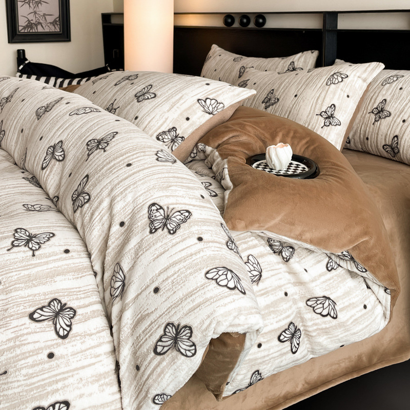 Milk Velvet voodipesu komplekt, neljaosaline komplekt, kahepoolsed tekk, ühetooniline muster taimedega motiiviga, talve soojus