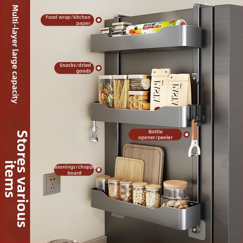 Külmkapi küljehoidja - puurimata paigaldus, mitmekihiline metalliline hoiukorraldaja maitseainete ja kilekoti jaoks