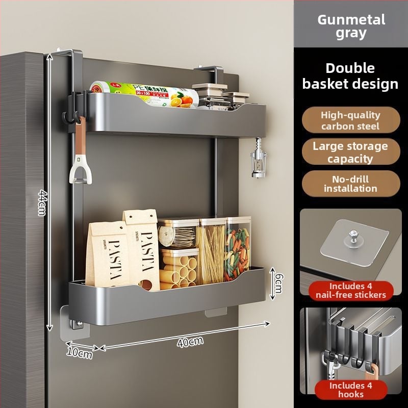 Külmkapi küljehoidja - puurimata paigaldus, mitmekihiline metalliline hoiukorraldaja maitseainete ja kilekoti jaoks
