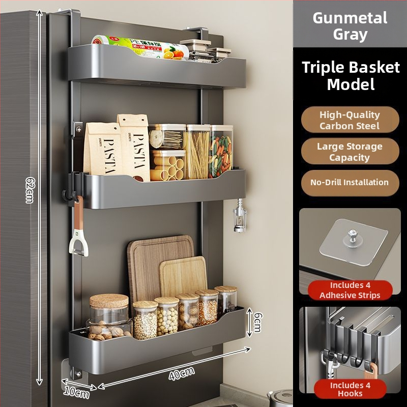 Külmkapi küljehoidja - puurimata paigaldus, mitmekihiline metalliline hoiukorraldaja maitseainete ja kilekoti jaoks