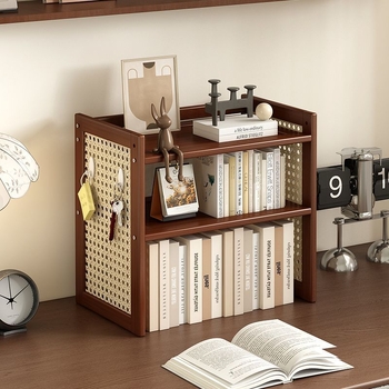 Trīs līmeņu galda uzglabāšanas plaukts no bambusa ar caurumu plāksni, viduslaiku stila biroja organizētājs