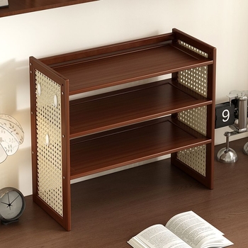 Trīs līmeņu galda uzglabāšanas plaukts no bambusa ar caurumu plāksni, viduslaiku stila biroja organizētājs