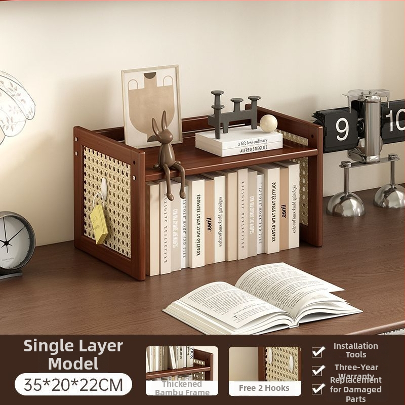 Trīs līmeņu galda uzglabāšanas plaukts no bambusa ar caurumu plāksni, viduslaiku stila biroja organizētājs