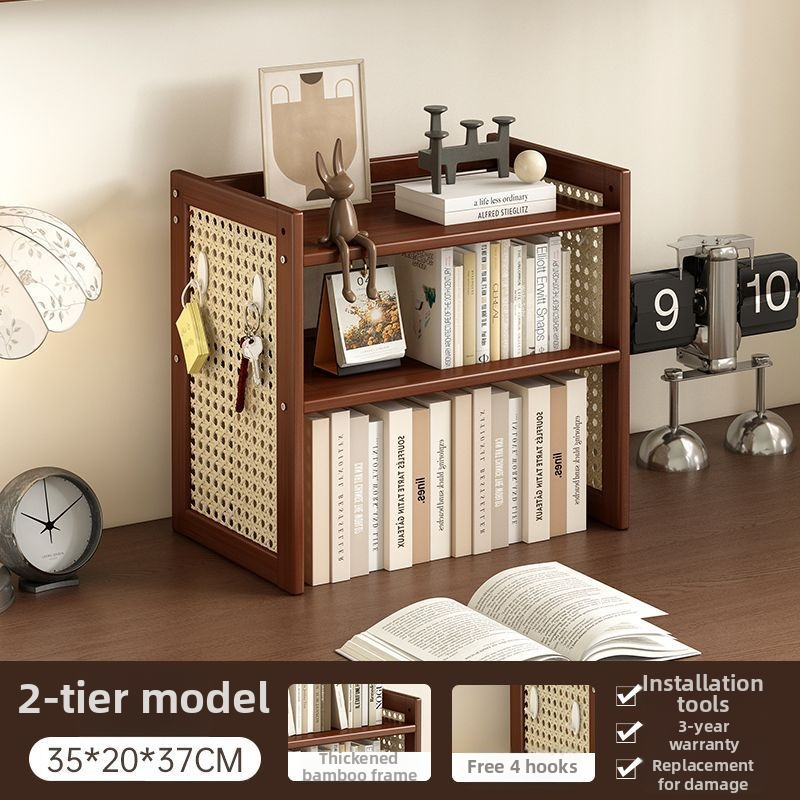 Trīs līmeņu galda uzglabāšanas plaukts no bambusa ar caurumu plāksni, viduslaiku stila biroja organizētājs