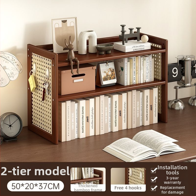 Trīs līmeņu galda uzglabāšanas plaukts no bambusa ar caurumu plāksni, viduslaiku stila biroja organizētājs