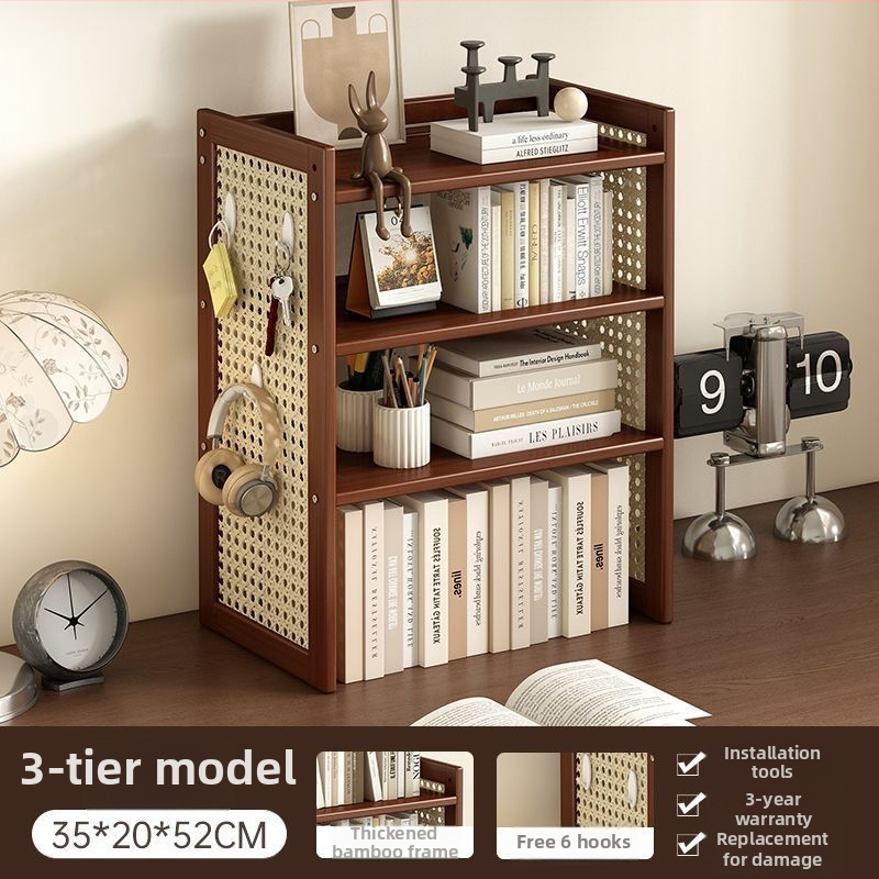 Trīs līmeņu galda uzglabāšanas plaukts no bambusa ar caurumu plāksni, viduslaiku stila biroja organizētājs