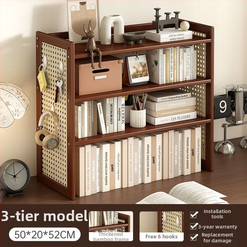 Trīs līmeņu galda uzglabāšanas plaukts no bambusa ar caurumu plāksni, viduslaiku stila biroja organizētājs