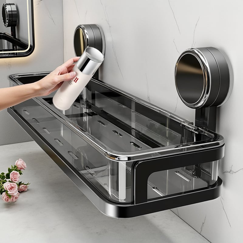 Стенно монтиран рафт за баня с присоска, без пробиване — едно ниво, товароподемност 1–5 кг, пластмасово покритие