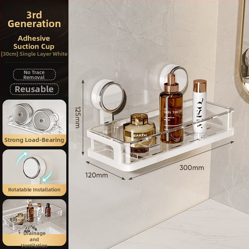 Стенно монтиран рафт за баня с присоска, без пробиване — едно ниво, товароподемност 1–5 кг, пластмасово покритие