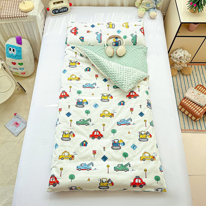 Sac de dormit pentru copii, design desen animat, material: 100% bumbac + bean fleece, 1.1–1.5 kg, compoziție 50% bumbac + 50% bean fleece