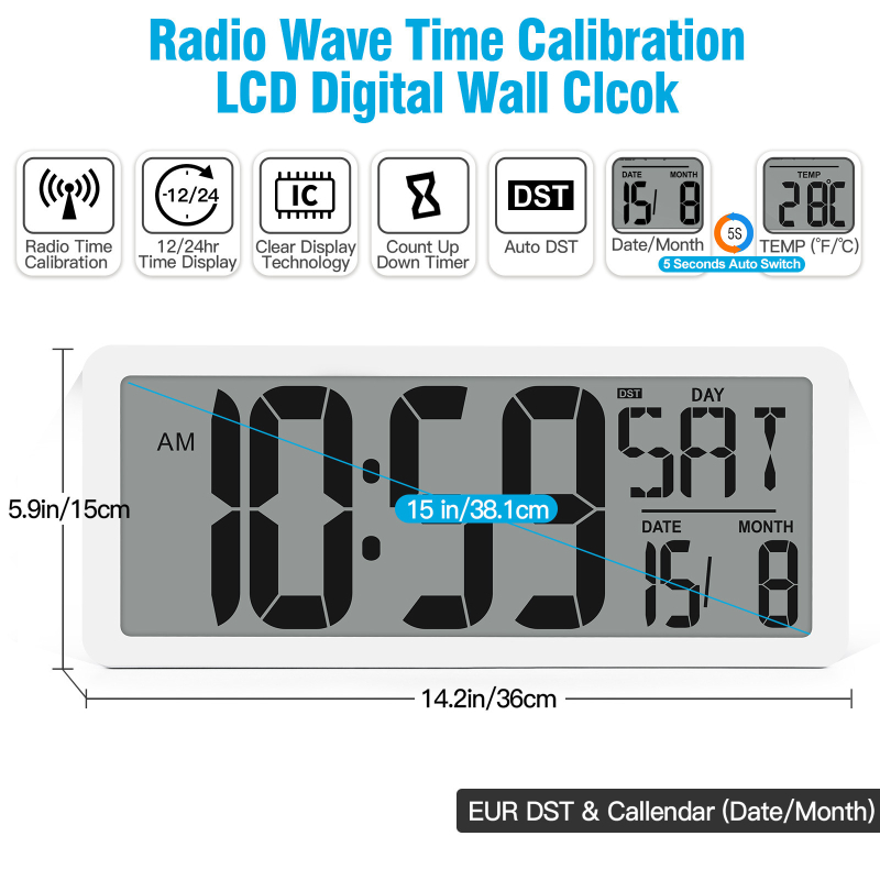 Radio-upravljani budilnik s digitalnim LCD zaslonom, funkcija odgađanja, odbrojavanje, kalendar s prikazom dana, tjedna i mjeseca
