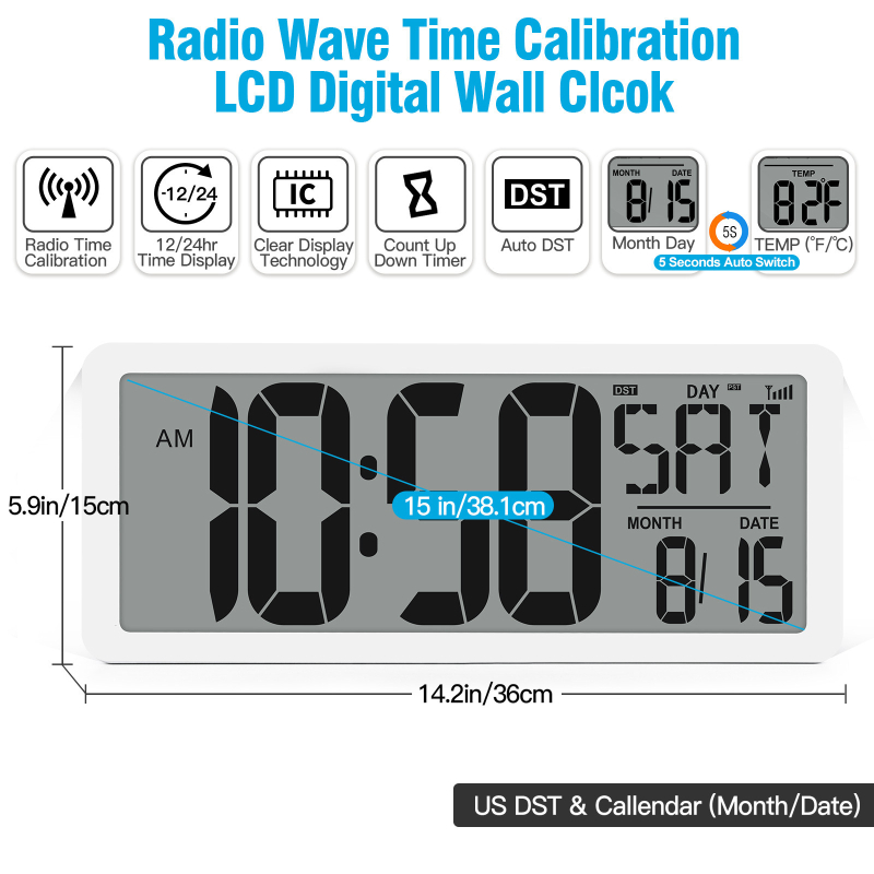 Radio-upravljani budilnik s digitalnim LCD zaslonom, funkcija odgađanja, odbrojavanje, kalendar s prikazom dana, tjedna i mjeseca