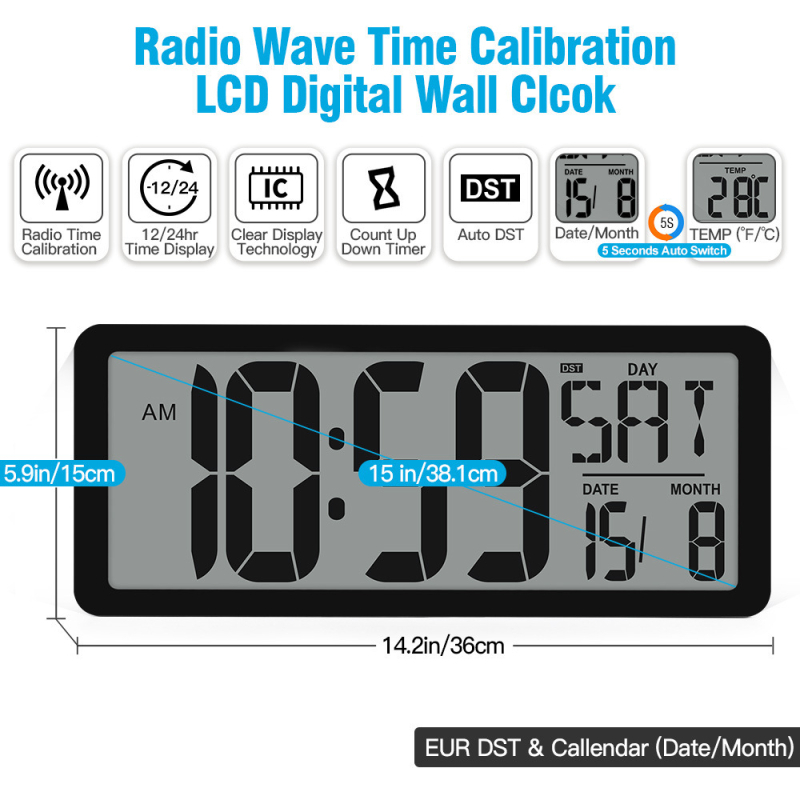 Radio-upravljani budilnik s digitalnim LCD zaslonom, funkcija odgađanja, odbrojavanje, kalendar s prikazom dana, tjedna i mjeseca