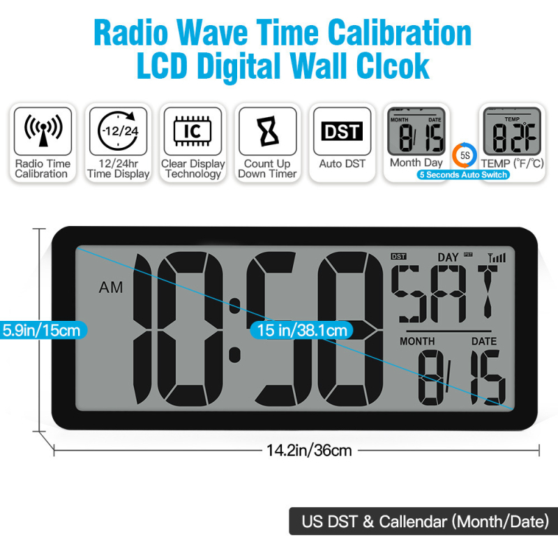 Radio-upravljani budilnik s digitalnim LCD zaslonom, funkcija odgađanja, odbrojavanje, kalendar s prikazom dana, tjedna i mjeseca