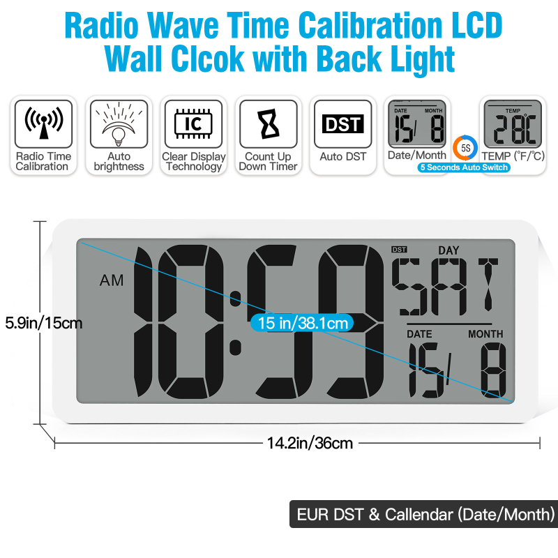 Radio-upravljani budilnik s digitalnim LCD zaslonom, funkcija odgađanja, odbrojavanje, kalendar s prikazom dana, tjedna i mjeseca