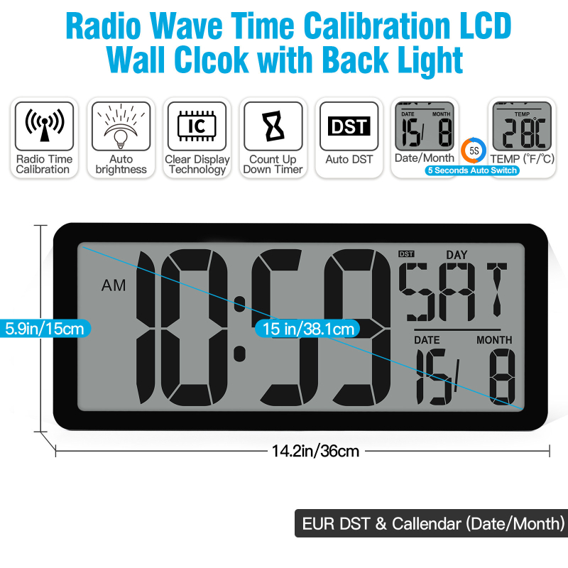 Radio-upravljani budilnik s digitalnim LCD zaslonom, funkcija odgađanja, odbrojavanje, kalendar s prikazom dana, tjedna i mjeseca