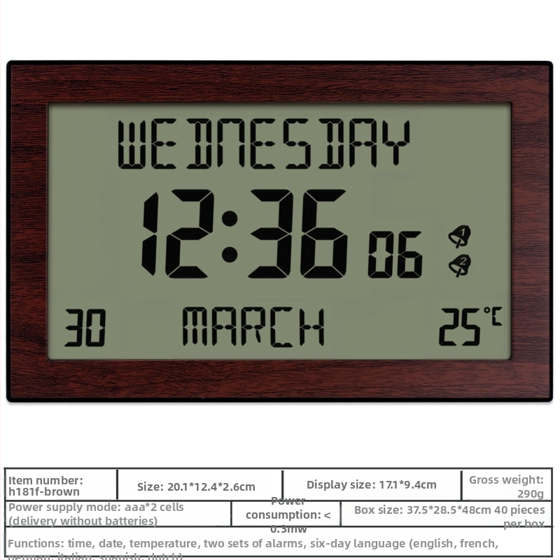 Fali óra H180F LCD kijelzős, naptár és hőmérő, ébresztő, hét- és hónap-kijelzés