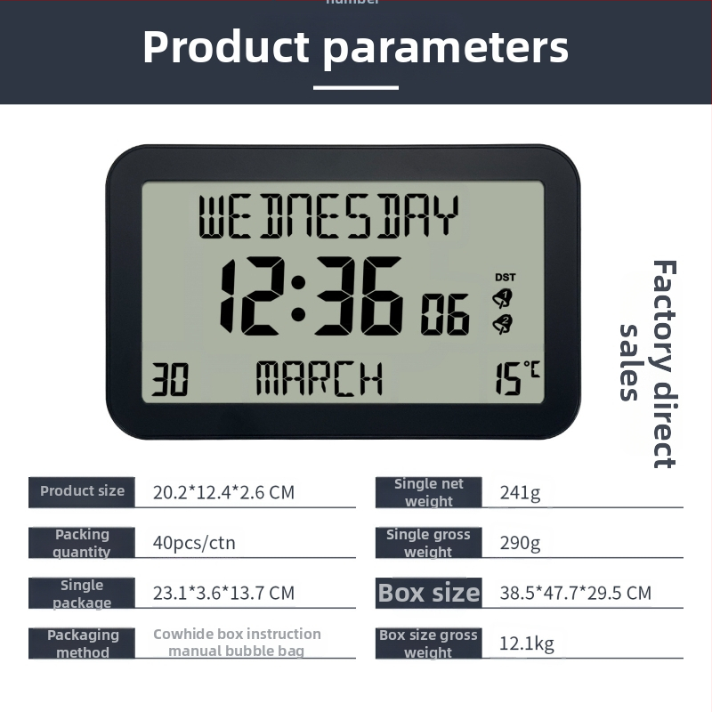 Fali óra H180F LCD kijelzős, naptár és hőmérő, ébresztő, hét- és hónap-kijelzés