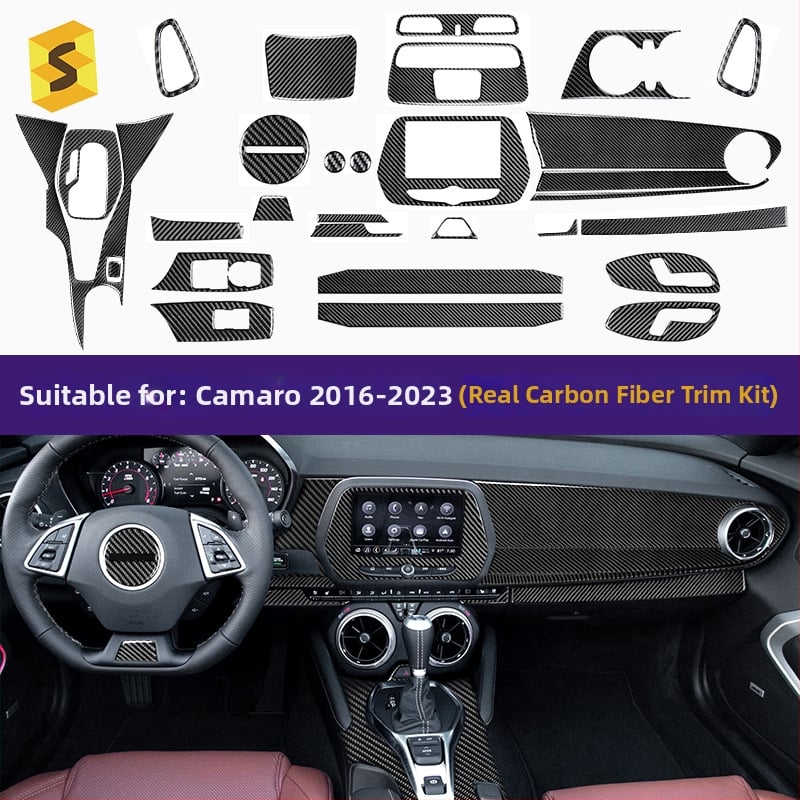 Interjera oglekļa šķiedras līmējamais komplekts dekoratīvām uzlīmēm Chevrolet Camaro (16-23), modelis Djxfl013–djxfl066, zīmols Salsa carbon fiber, logotipa drukāšana iespējama, pielāgošana
