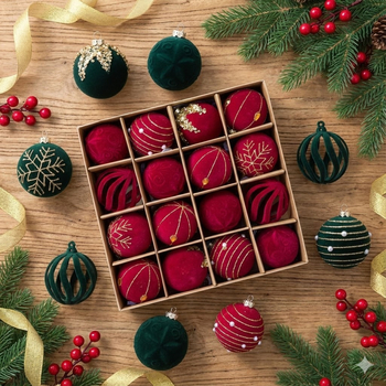 16 vnt plastinių Kalėdų kamuoliukų su flokiniu paviršiumi, modernus meno stilius, dalinė rankinė ir dalinė mechaninė gamyba