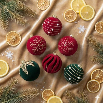 16 vnt plastinių Kalėdų kamuoliukų su flokiniu paviršiumi, modernus meno stilius, dalinė rankinė ir dalinė mechaninė gamyba