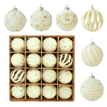 16 vnt plastinių Kalėdų kamuoliukų su flokiniu paviršiumi, modernus meno stilius, dalinė rankinė ir dalinė mechaninė gamyba