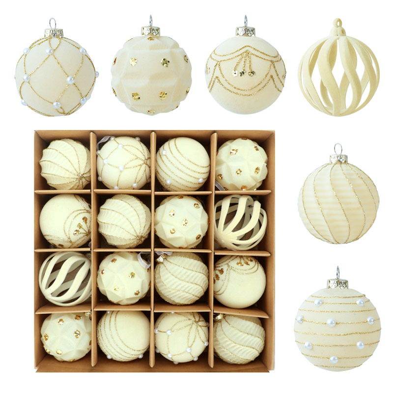 16 vnt plastinių Kalėdų kamuoliukų su flokiniu paviršiumi, modernus meno stilius, dalinė rankinė ir dalinė mechaninė gamyba