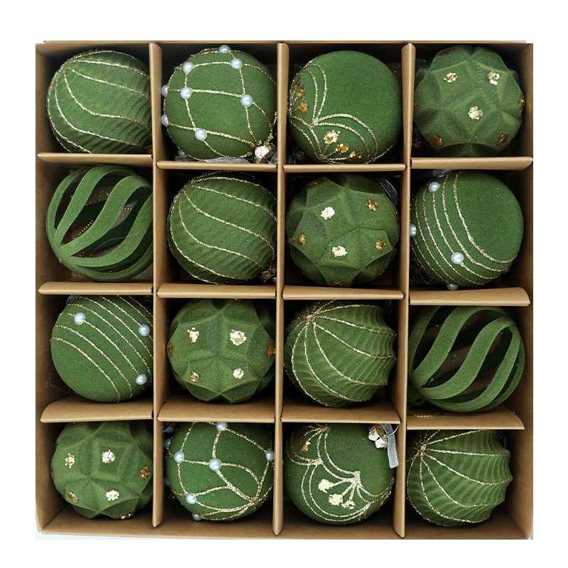 16 vnt plastinių Kalėdų kamuoliukų su flokiniu paviršiumi, modernus meno stilius, dalinė rankinė ir dalinė mechaninė gamyba