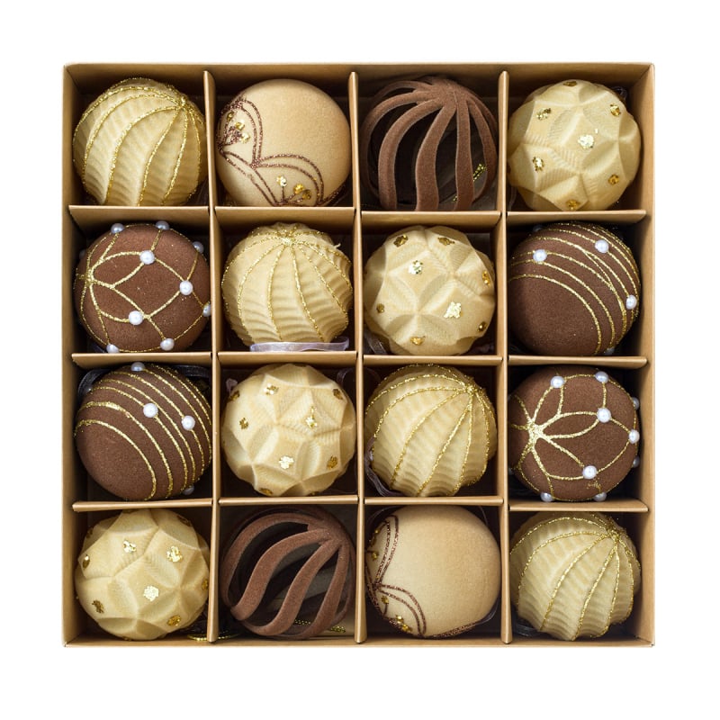 16 vnt plastinių Kalėdų kamuoliukų su flokiniu paviršiumi, modernus meno stilius, dalinė rankinė ir dalinė mechaninė gamyba