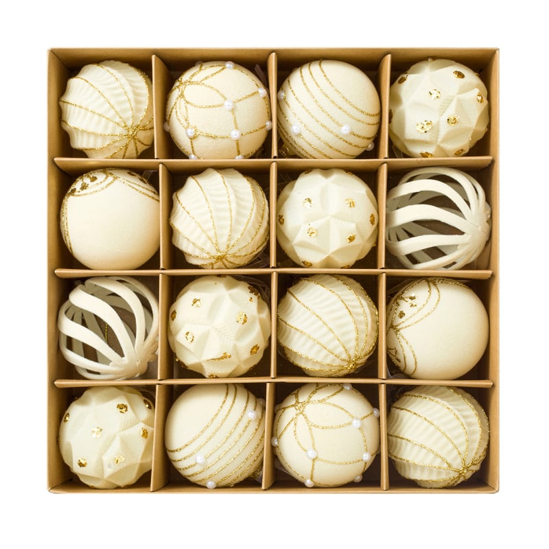 16 vnt plastinių Kalėdų kamuoliukų su flokiniu paviršiumi, modernus meno stilius, dalinė rankinė ir dalinė mechaninė gamyba