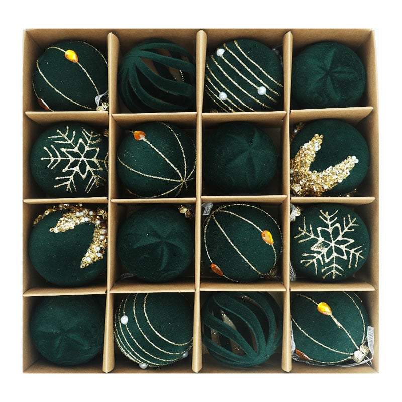 16 vnt plastinių Kalėdų kamuoliukų su flokiniu paviršiumi, modernus meno stilius, dalinė rankinė ir dalinė mechaninė gamyba