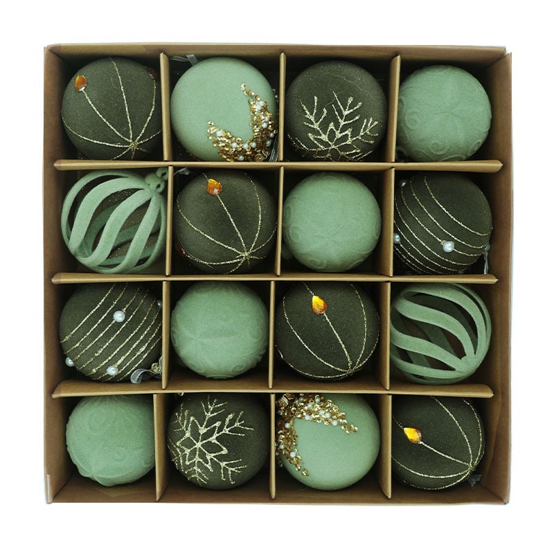 16 vnt plastinių Kalėdų kamuoliukų su flokiniu paviršiumi, modernus meno stilius, dalinė rankinė ir dalinė mechaninė gamyba