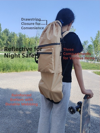 Sporta mugursoma skateboardam ar biezāku dibenu, izturīga un viegla; plecu siksnas ar gaisa spilventiņu; ietilps tenisa/badminton raketes, makšķerēšanas nūjas un jogas paklājiņu