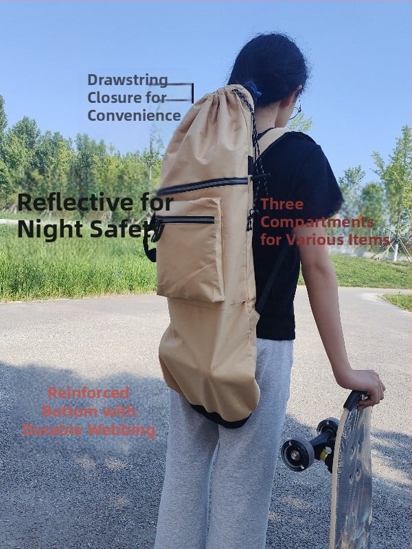 Sporta mugursoma skateboardam ar biezāku dibenu, izturīga un viegla; plecu siksnas ar gaisa spilventiņu; ietilps tenisa/badminton raketes, makšķerēšanas nūjas un jogas paklājiņu