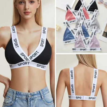 Sportski grudnjak s dubokim V, zatvarač na stražnjem dijelu, čašice tipa 3/4, tanke oblikovane čašice, fiksne dvostruke naramenice