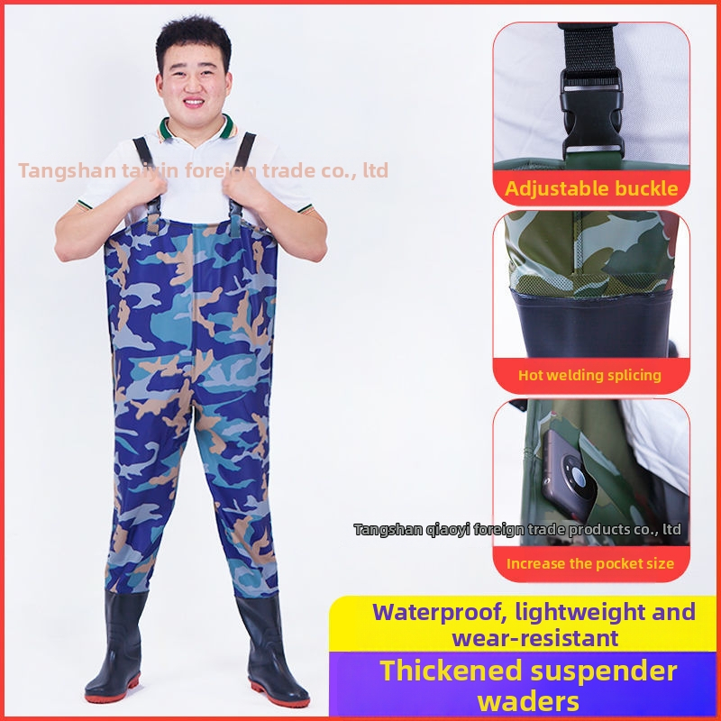 Ūdensizturīgs universālais kombinezonas komplekts ar biksēm un ūdens kurpēm makšķerēšanai un āra aktivitātēm (Materiāls: PVC audums; Raksts: Vienkrāsains; Sezonas: Visas sezonas; Dzimums: Universāls)