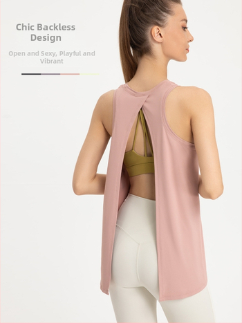 Top de fitness pentru femei cu croi larg, fără mâneci, uscare rapidă, spate cu deschidere — țesătură poliester mată, 90% poliester, căptușeală 10% elastan