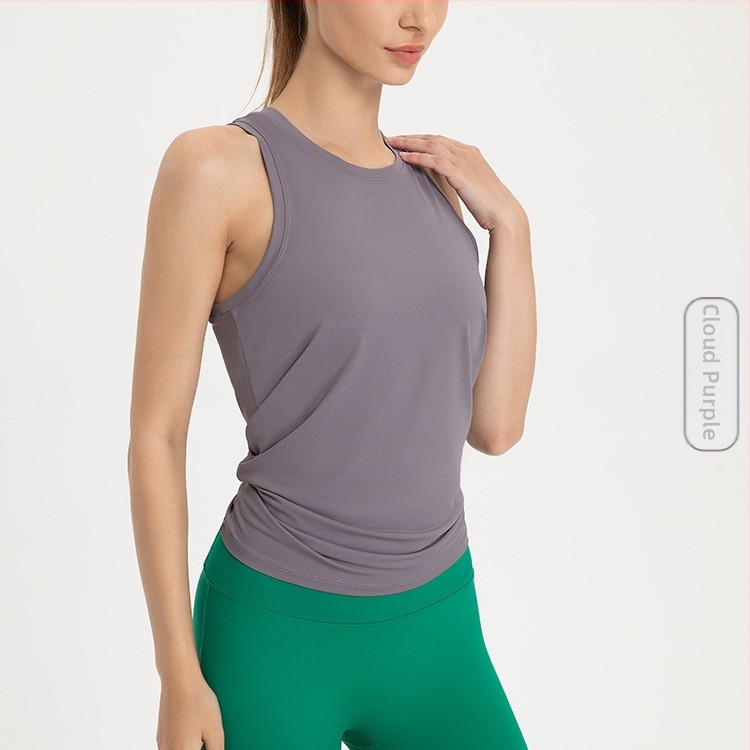 Top de fitness pentru femei cu croi larg, fără mâneci, uscare rapidă, spate cu deschidere — țesătură poliester mată, 90% poliester, căptușeală 10% elastan