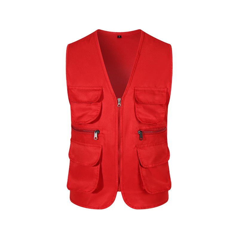 Töövest mitmekülgsete taskutega ja logo trükiga, reversiga kaelus, ühe rida kinnitusega, puuvillane materjal