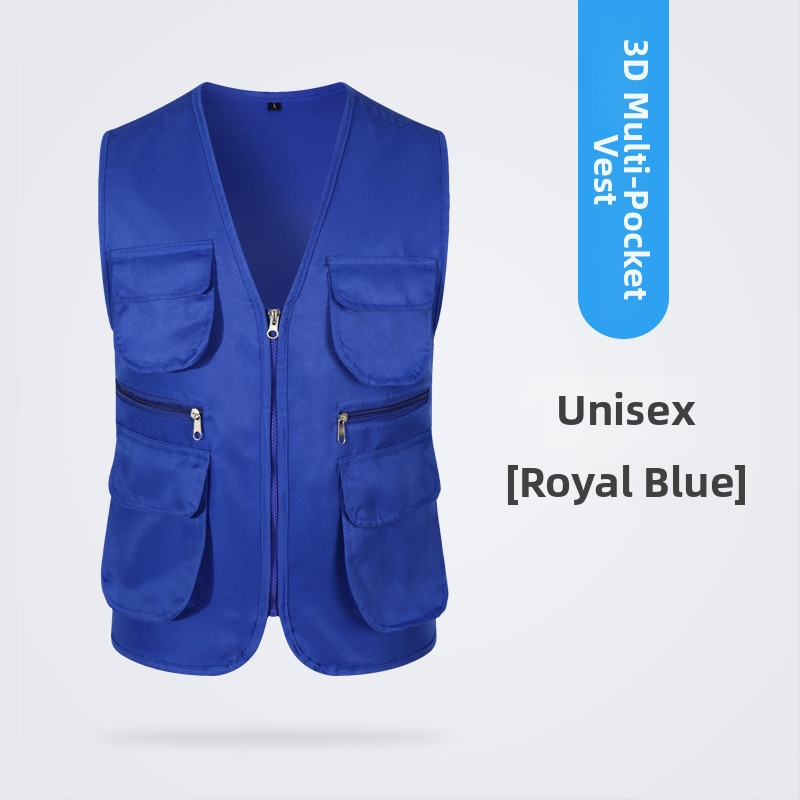 Töövest mitmekülgsete taskutega ja logo trükiga, reversiga kaelus, ühe rida kinnitusega, puuvillane materjal