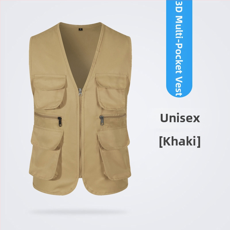 Töövest mitmekülgsete taskutega ja logo trükiga, reversiga kaelus, ühe rida kinnitusega, puuvillane materjal