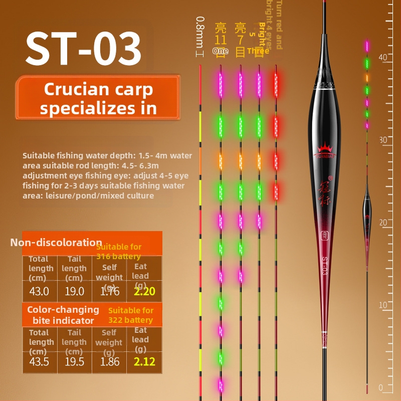 Риболовен поплавък Crown mark с LED осветление, вертикален дрейф, електронен, наноматериал, дневен и нощен режим, супер лек