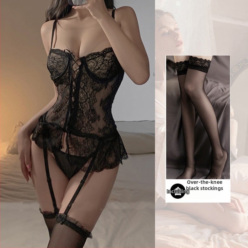 Mežģīņu sieviešu apakšveļas komplekts ar garter joslu, caurspīdīgs dizains, uniformes stils, 90–95% poliesteris