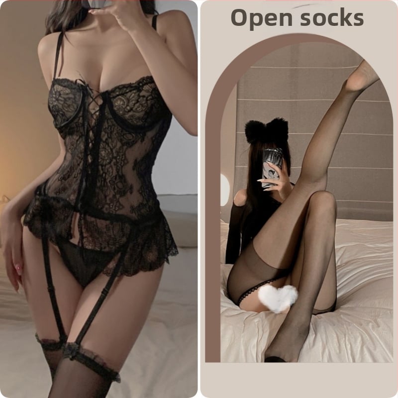 Mežģīņu sieviešu apakšveļas komplekts ar garter joslu, caurspīdīgs dizains, uniformes stils, 90–95% poliesteris