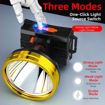 Lampa frontală LED pentru minerit, 3W, baterie Li-ion 800 mAh, încărcare Type-C, rază 100–200 m